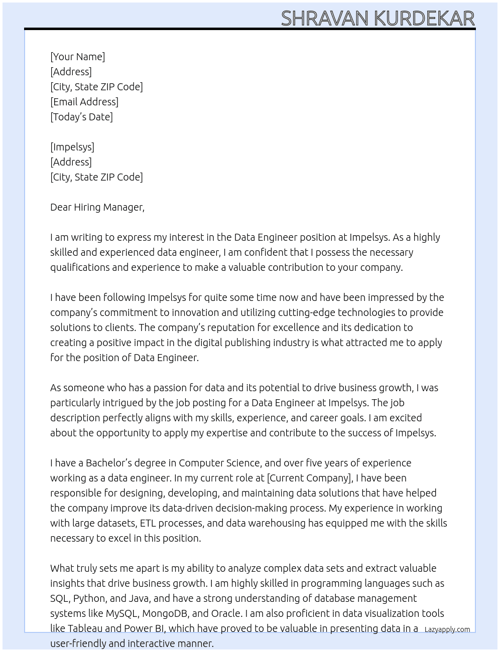 Data engineer At Impelsys Cover Letter