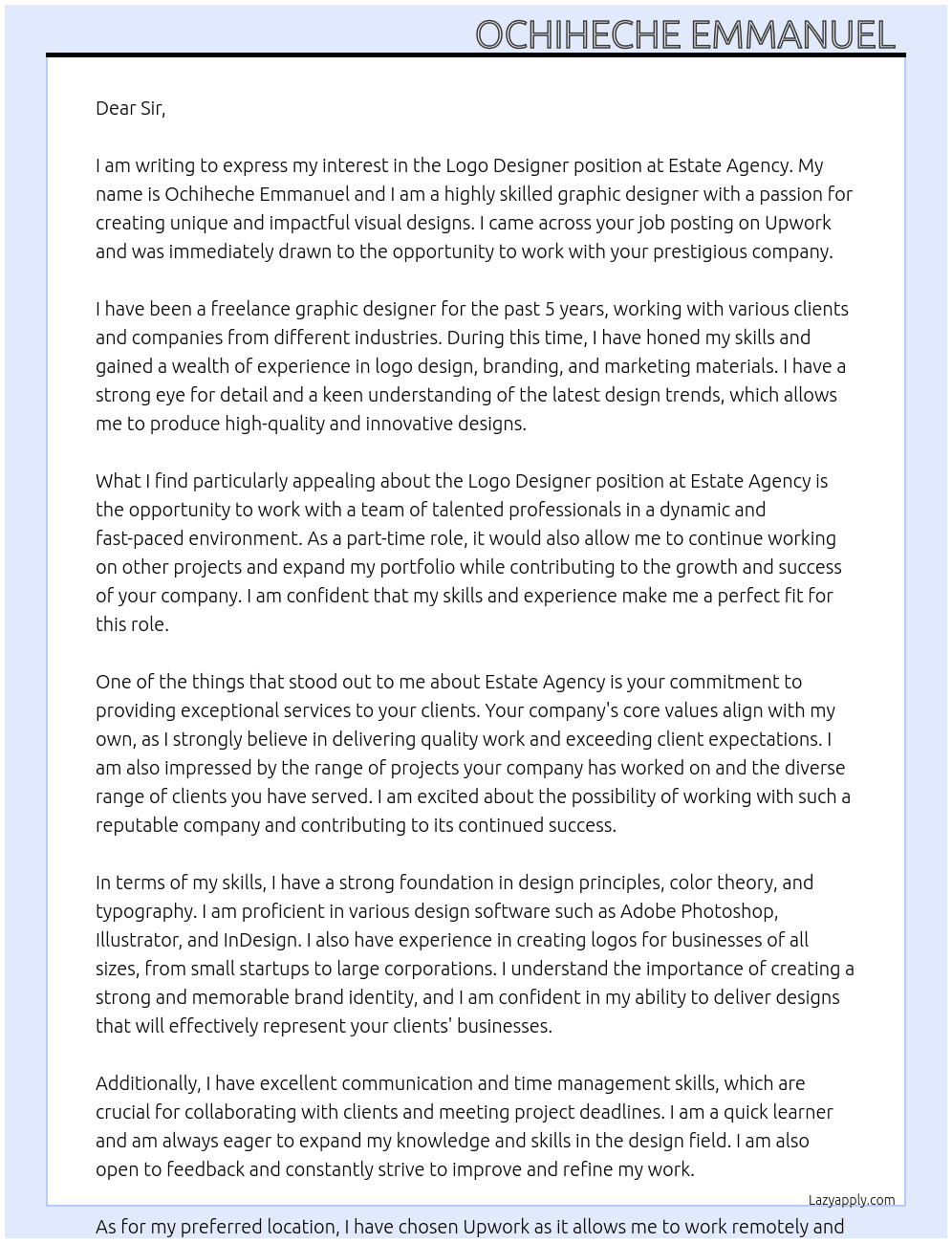 Logo designer At estate agency  Cover Letter