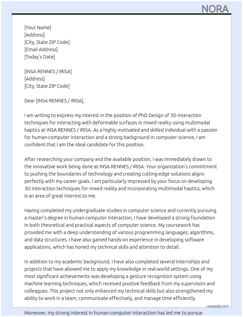 PhD Design of 3D interaction techniques for interacting with deformable surfaces in mixed reality using multimodal haptics At INSA RENNES / IRISA Cover Letter
