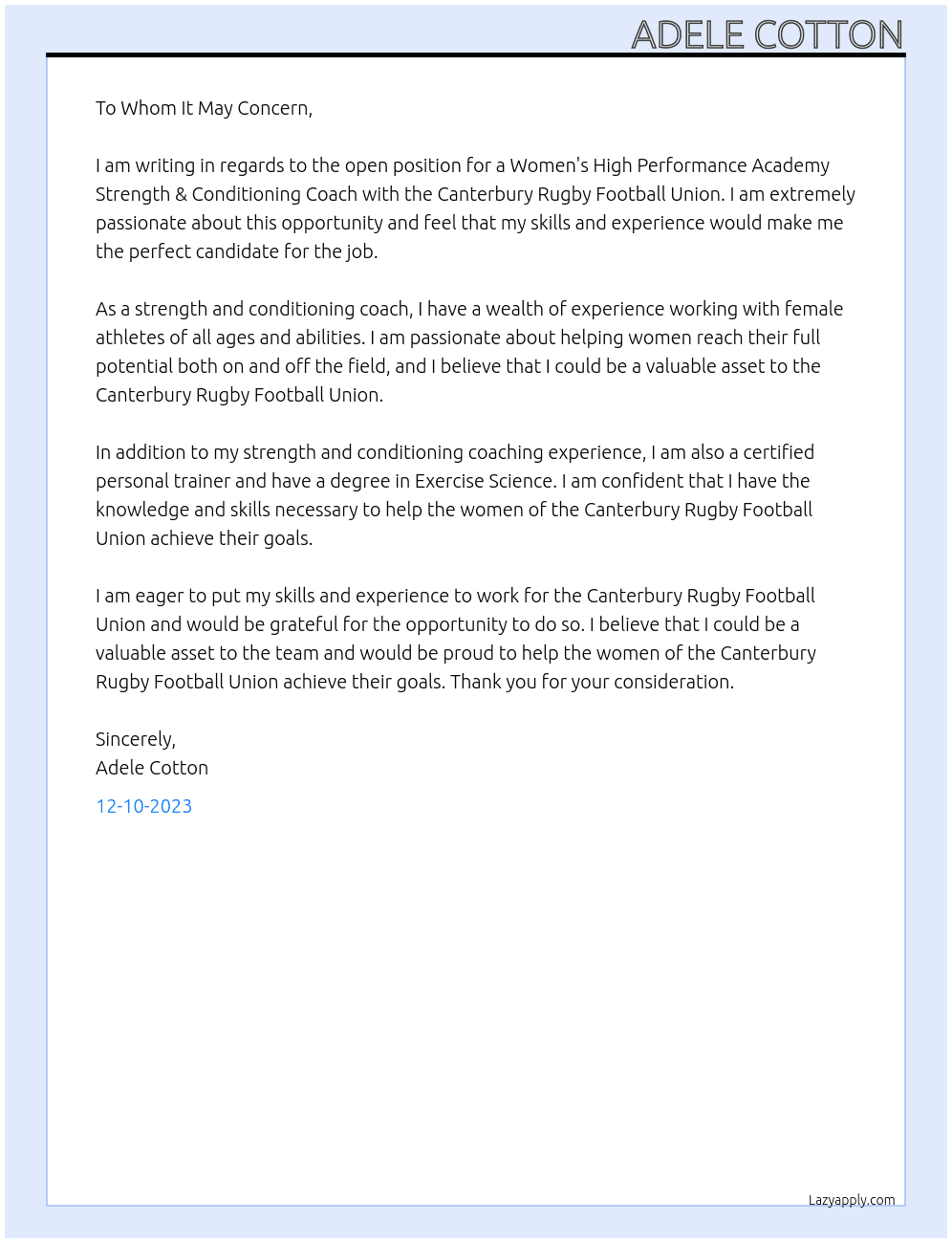 Women's High Performance Academy Strength & Conditioning Coach At Canterbury Rugby Football Union Cover Letter
