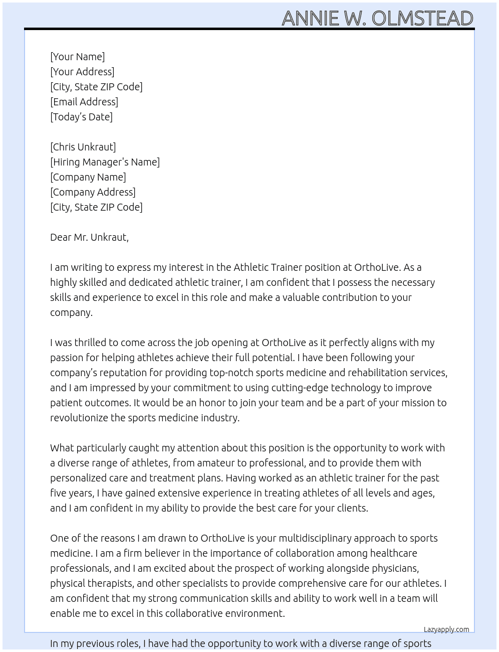 Athletic Trainer At OrthoLive Cover Letter