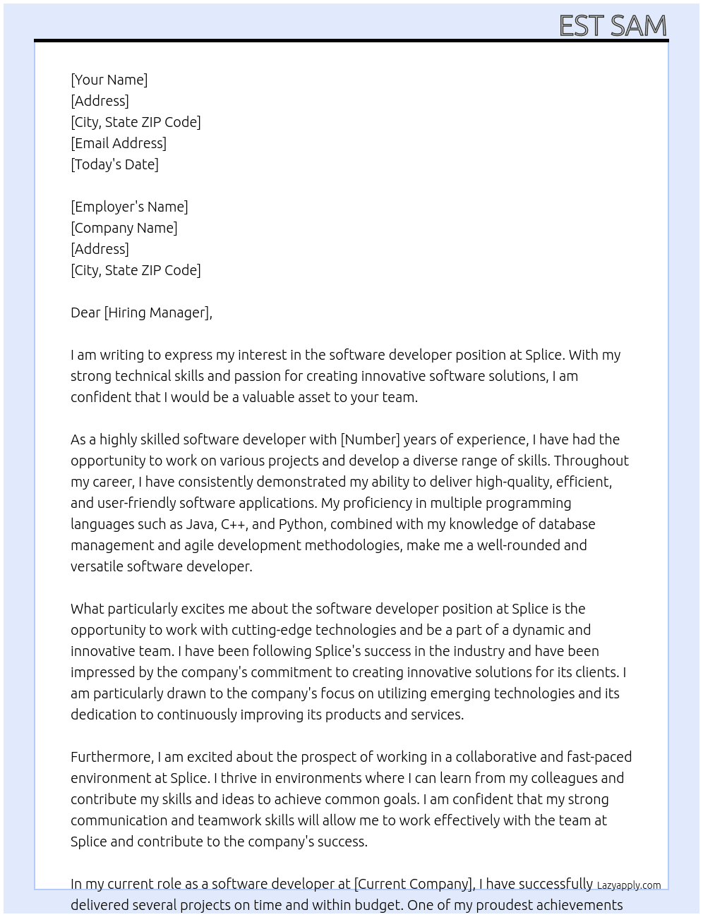 software developer At splice  Cover Letter