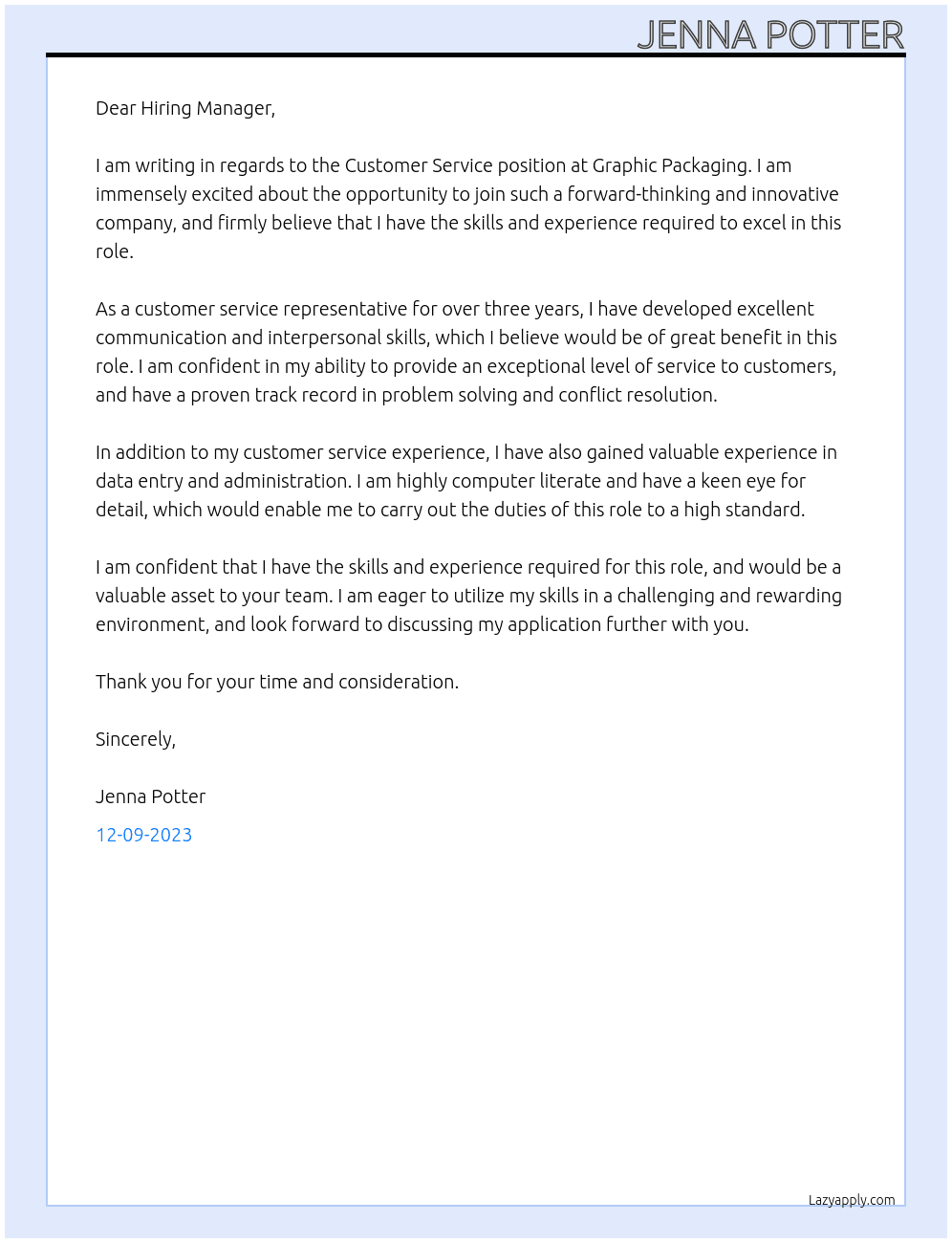 Customer Service At Graphic Packaging Cover Letter
