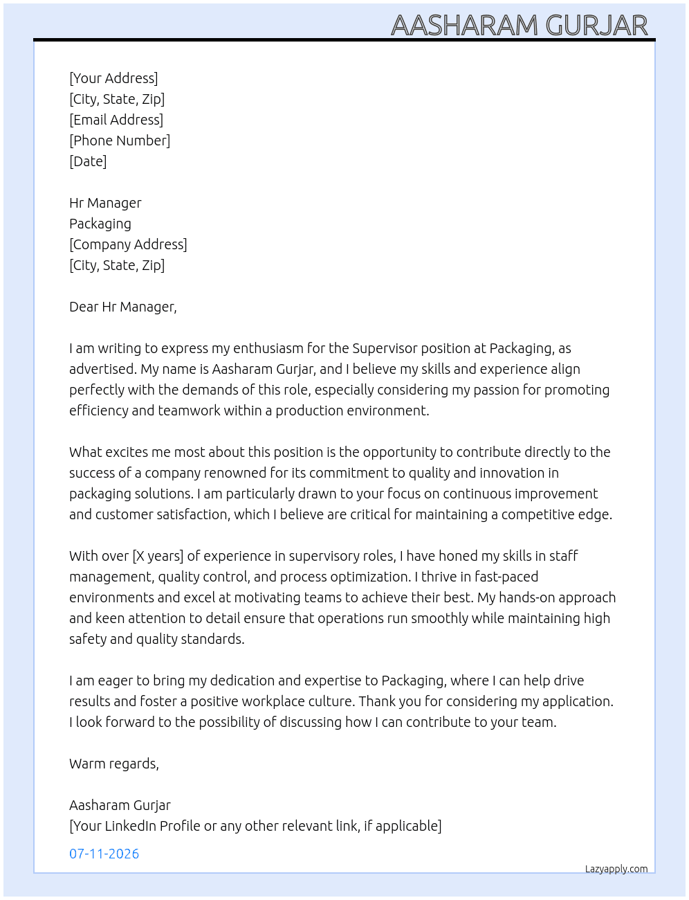 Supervisor  At Packaging  Cover Letter