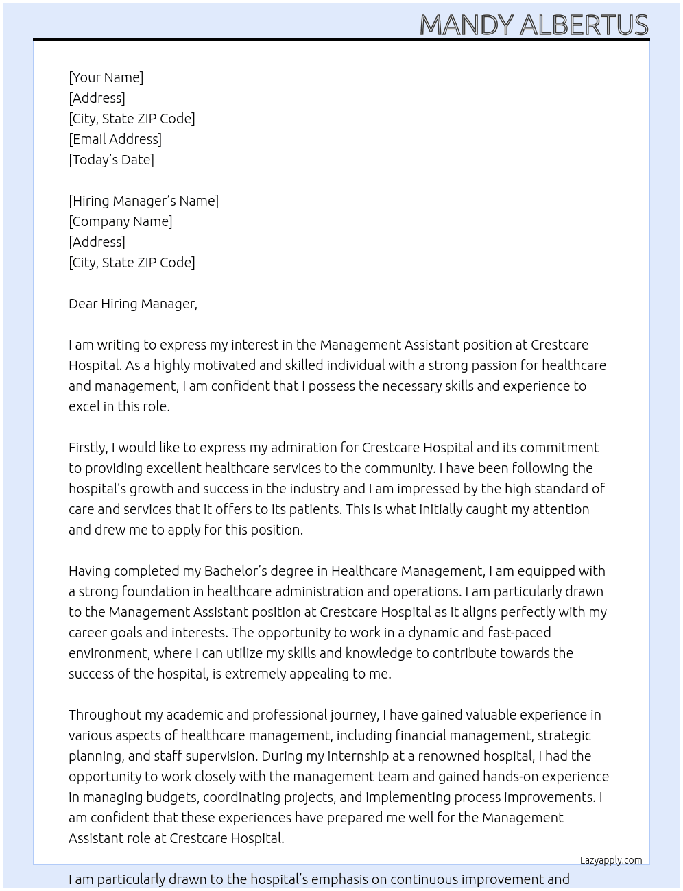 Management Assistant At Crestcare Hospital Cover Letter