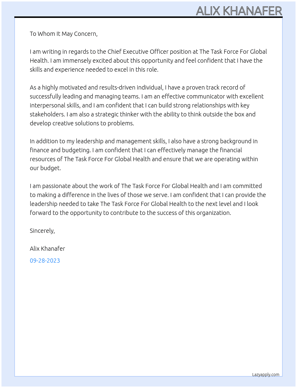 Chief Executive Office At The Task Force For Global Health Cover Letter