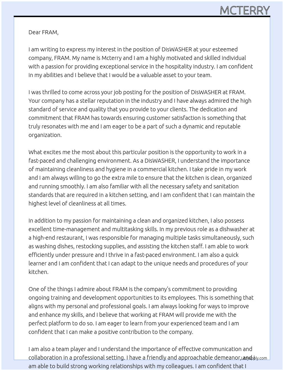 DisWASHER At FRAM Cover Letter