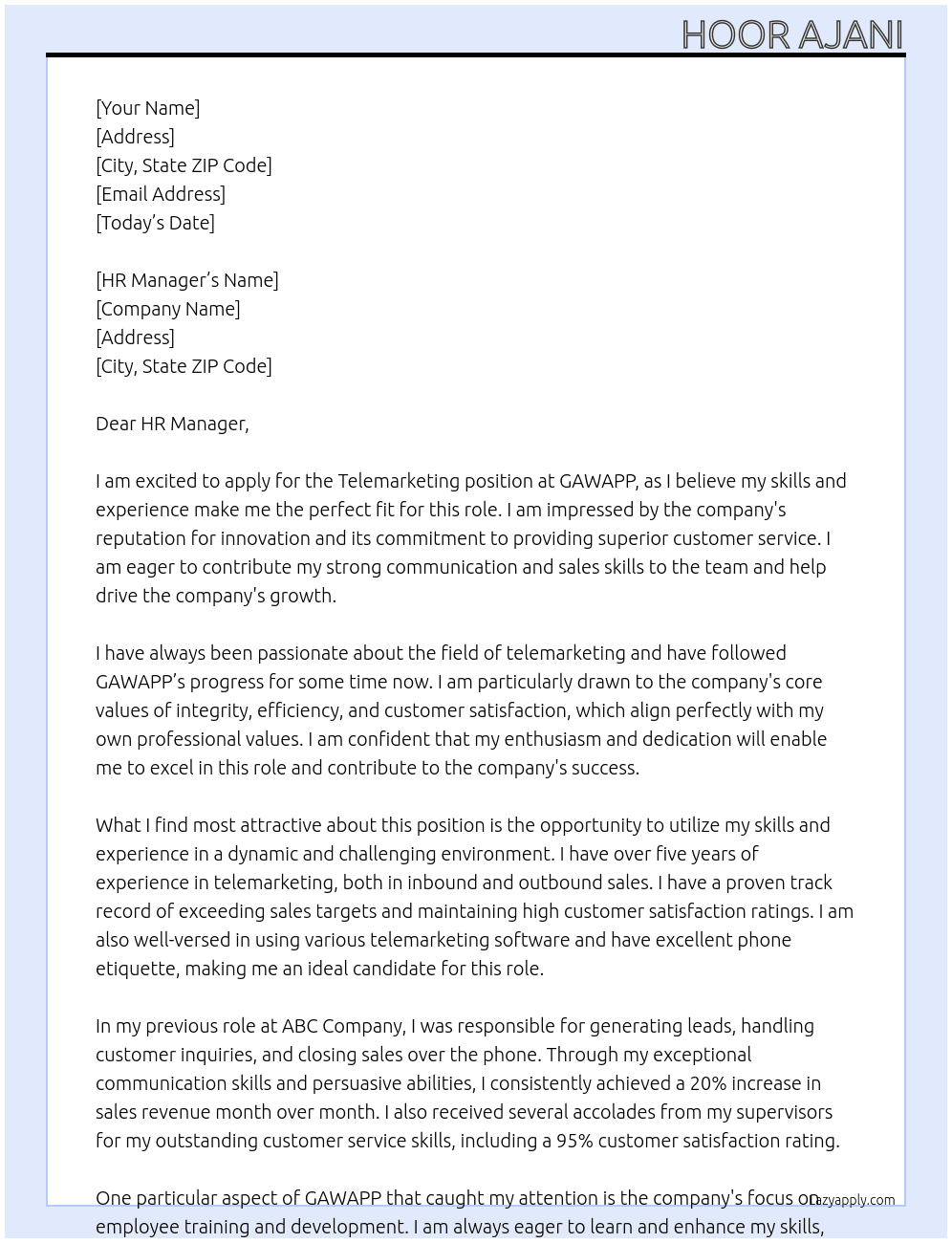 Telemarketing At GAWAPP Cover Letter