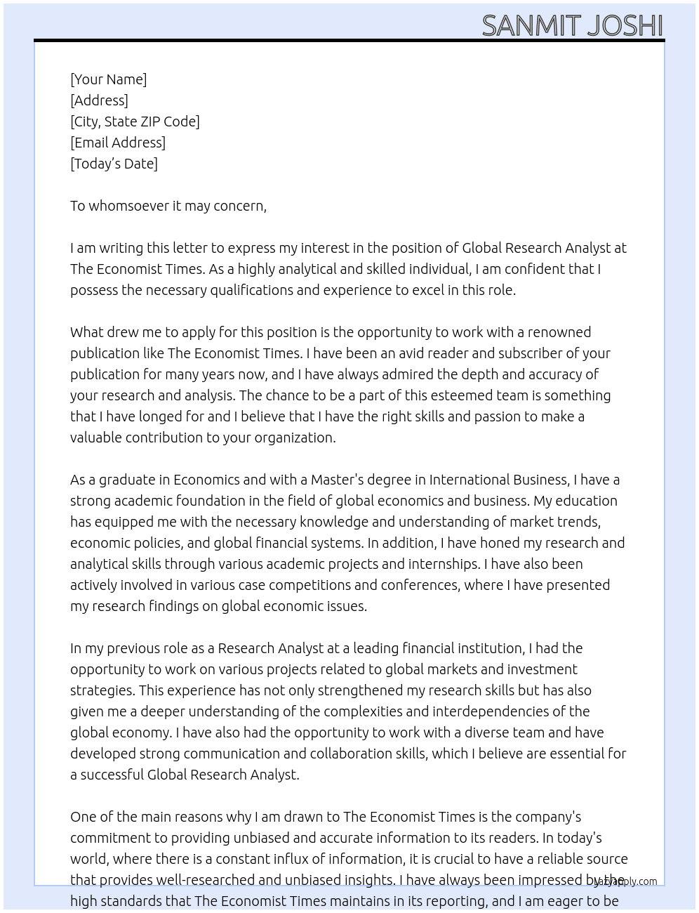 Global Research Analyst  At The Economist Times Cover Letter