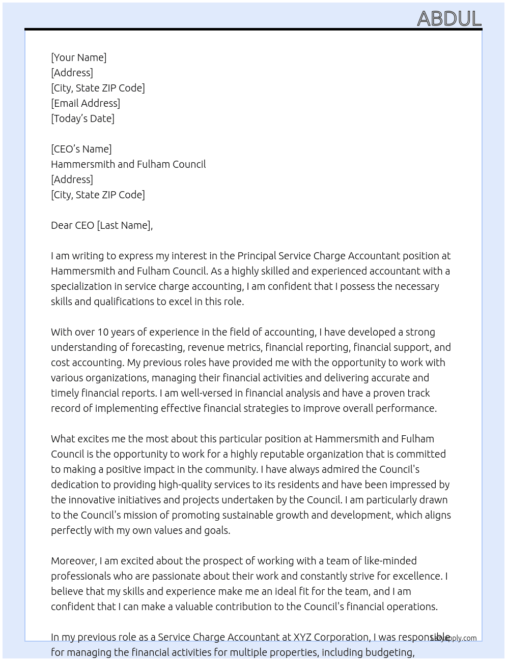 Principal Service Charge Accountant At Hammersmith and Fulham Council Cover Letter