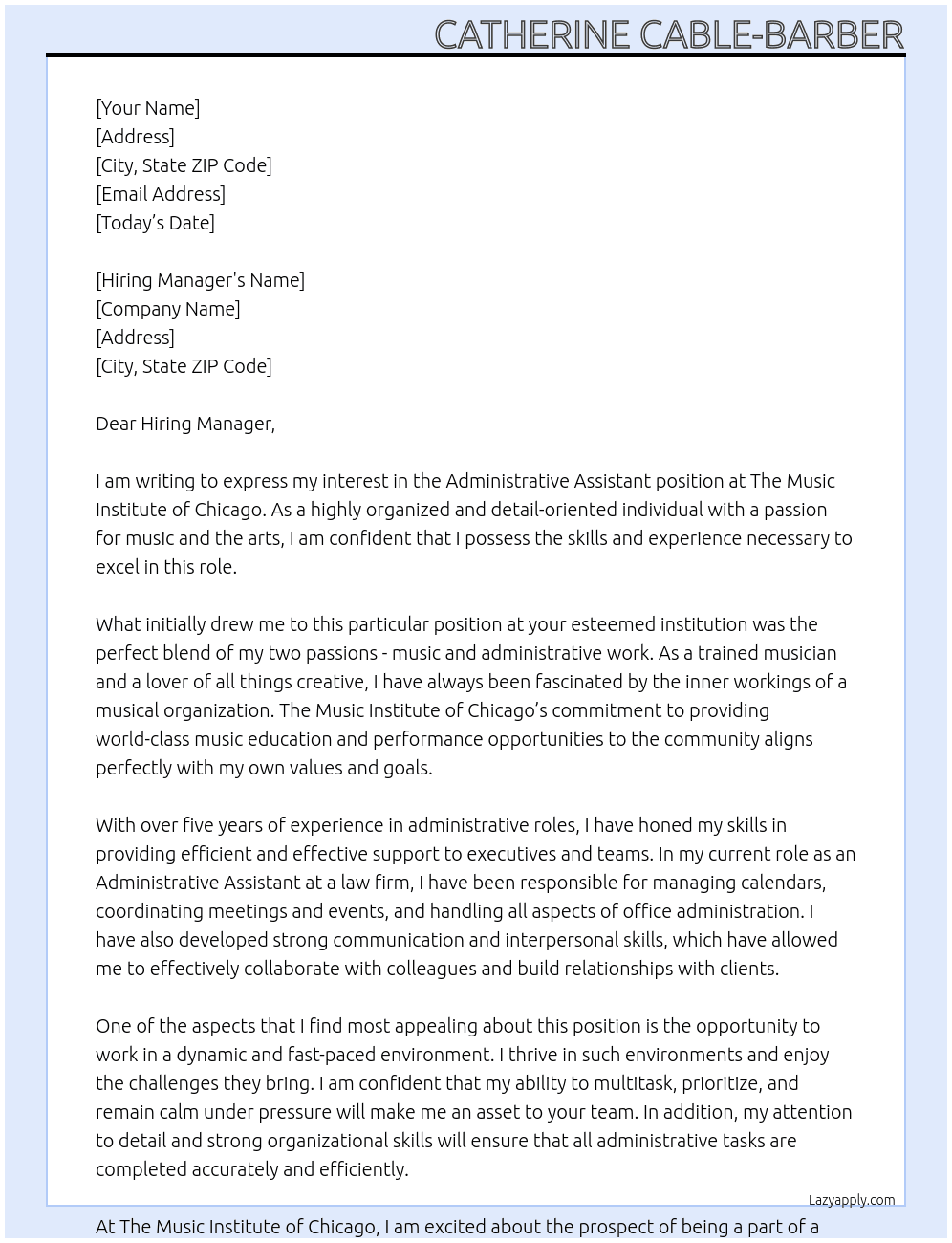 Administrative Assistant At The Music Institute of Chicago Cover Letter
