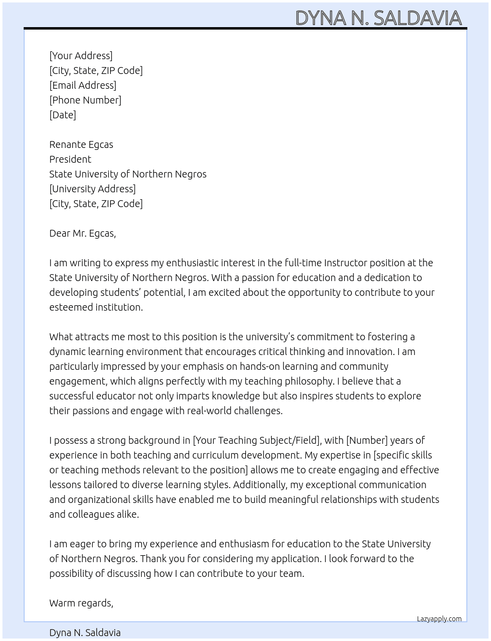 Instructor  At State University of Northern Negros Cover Letter