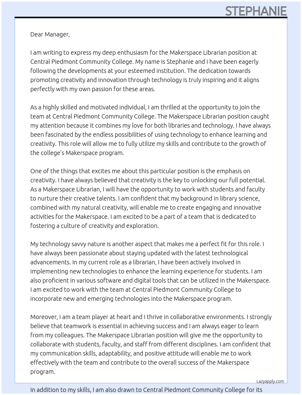 Makerspace Librarian At Central Piedmont Community College Cover Letter