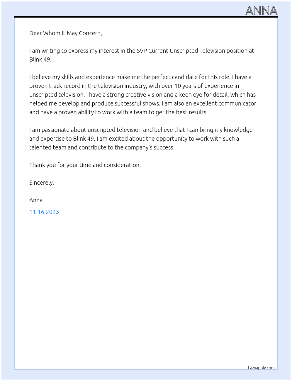SVP Current Unscripted Television At Blink 49 Cover Letter