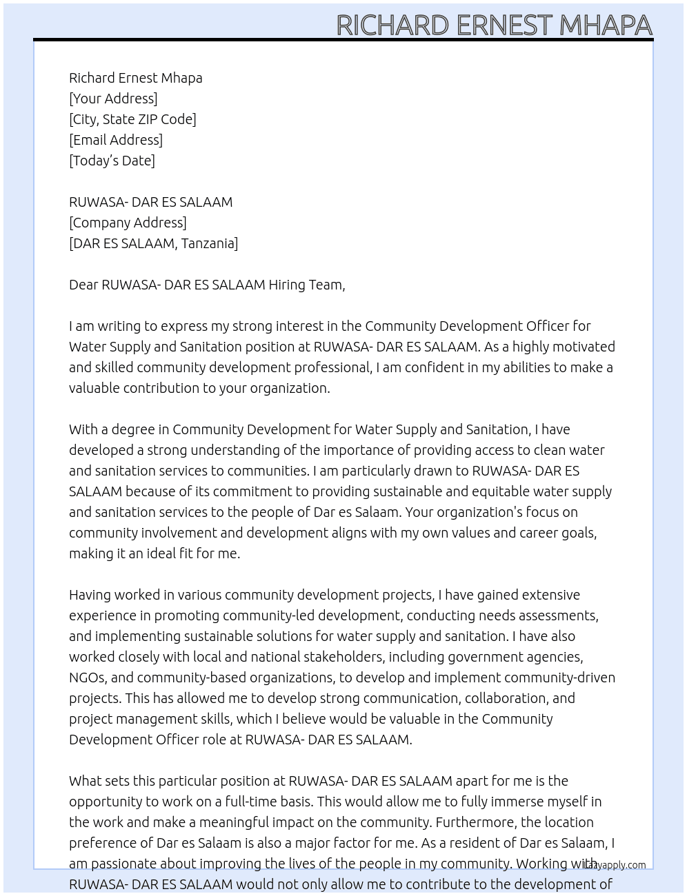 application for community development officer for water supply and sanitation  At RUWASA- DAR ES SALAAM  Cover Letter