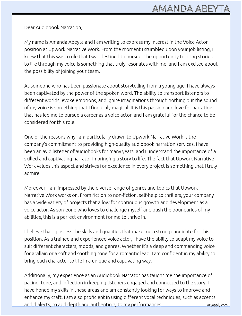 Voice actor At Upwork narrative work  Cover Letter