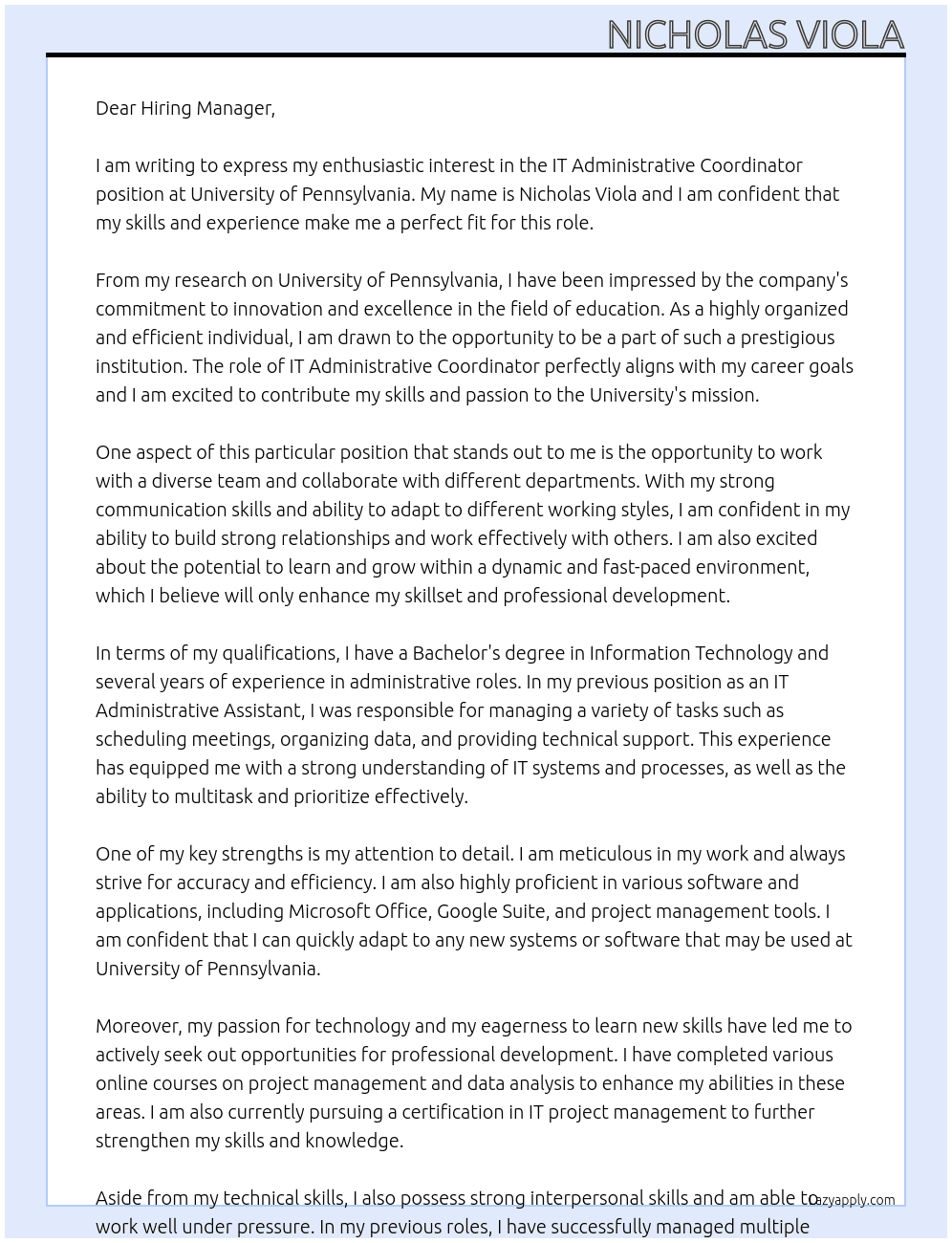 IT Administrative Coordinator At University of Pennsylvania Cover Letter