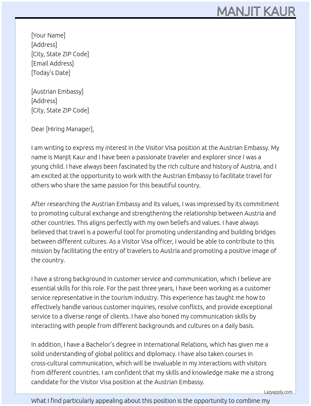Visitor visa At AUSTRIAN EMBASSY Cover Letter