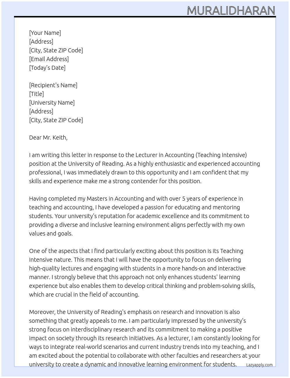 Lecturer in Accounting (Teaching Intensive) At University of Reading Cover Letter