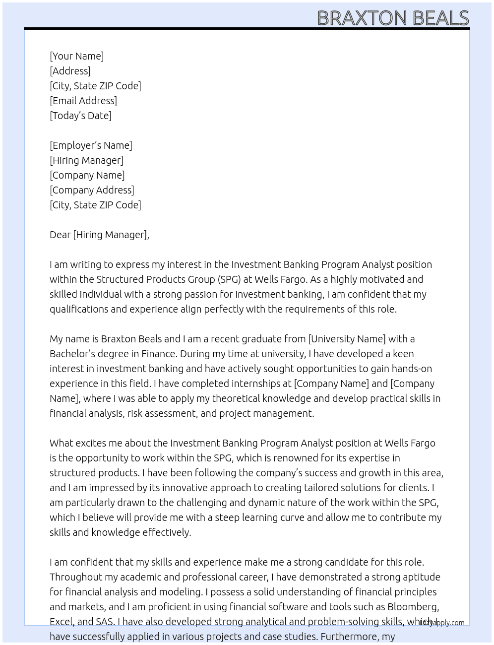 Investment Banking Program Analyst - Structured Products Group (SPG) At Wells Fargo Cover Letter