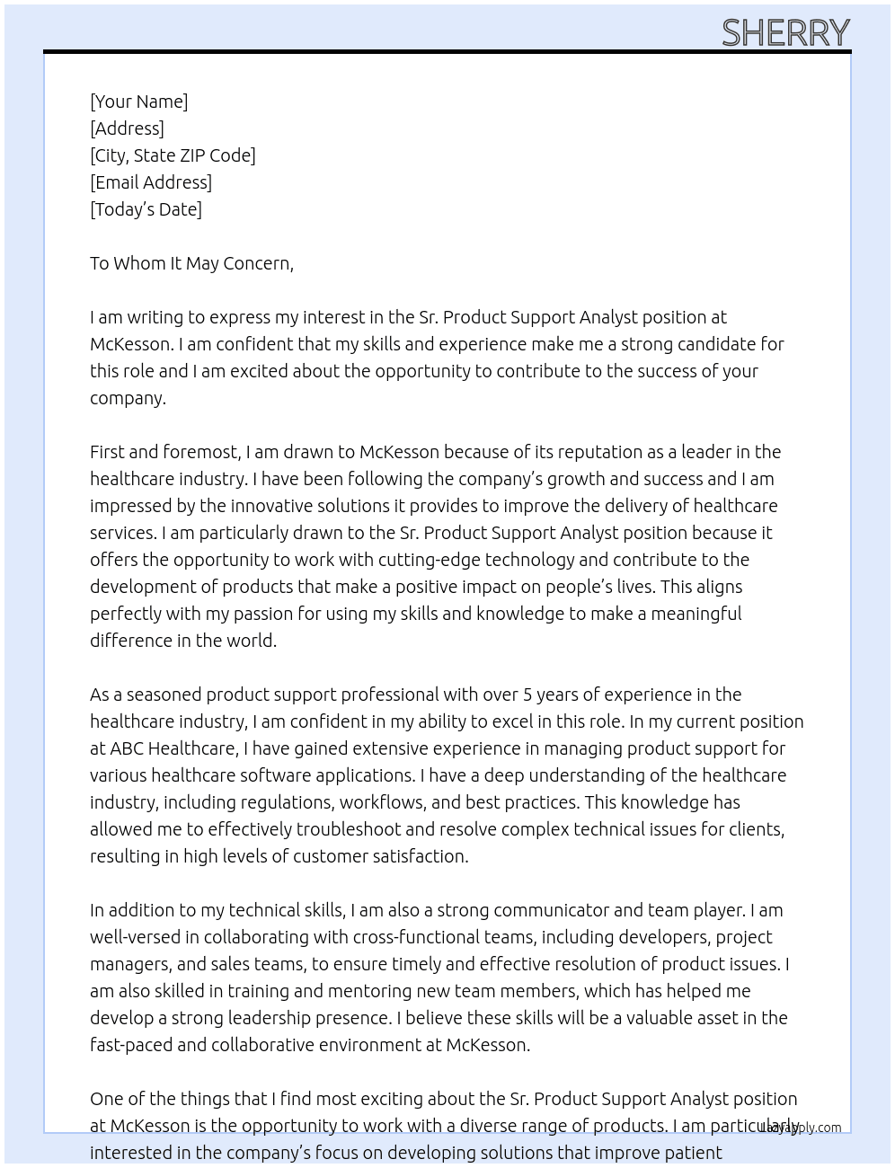 Sr. Product Support Analyst At McKesson Cover Letter