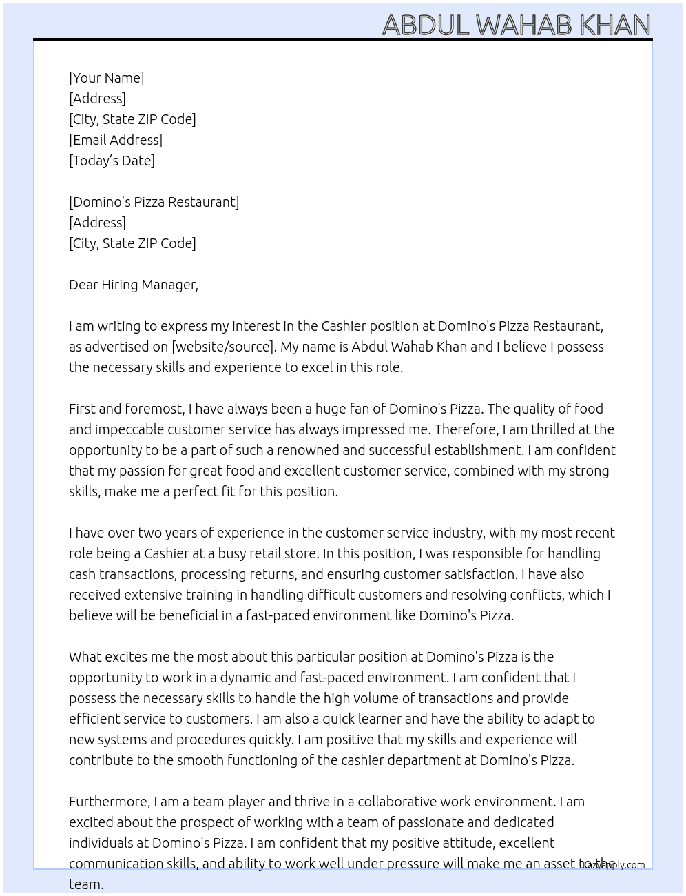 Cashier At Domino's pizza  Cover Letter