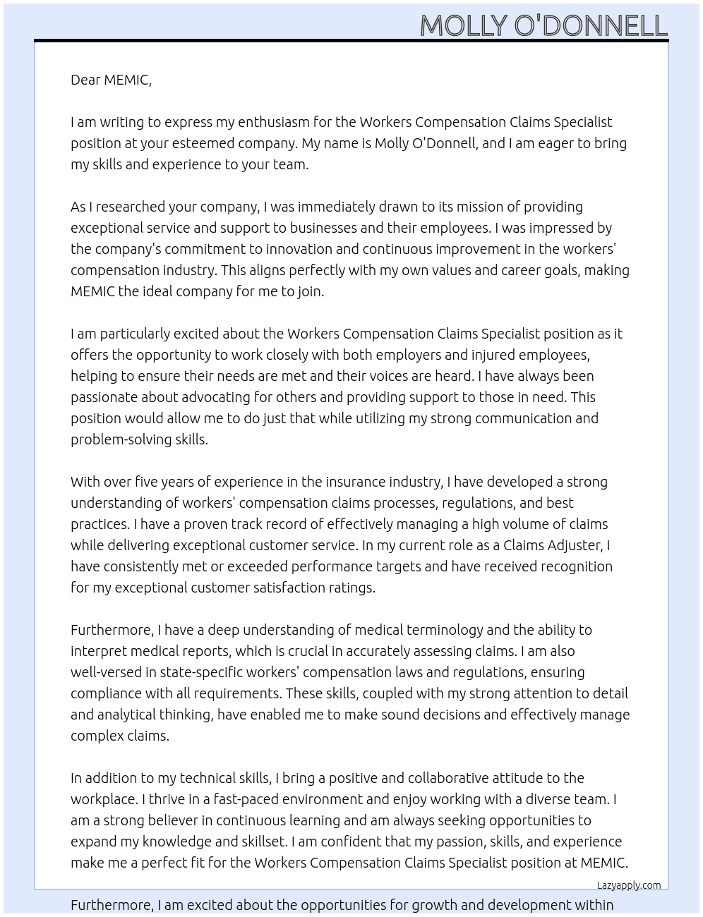Workers Compensation Claims Specalist At MEMIC Cover Letter