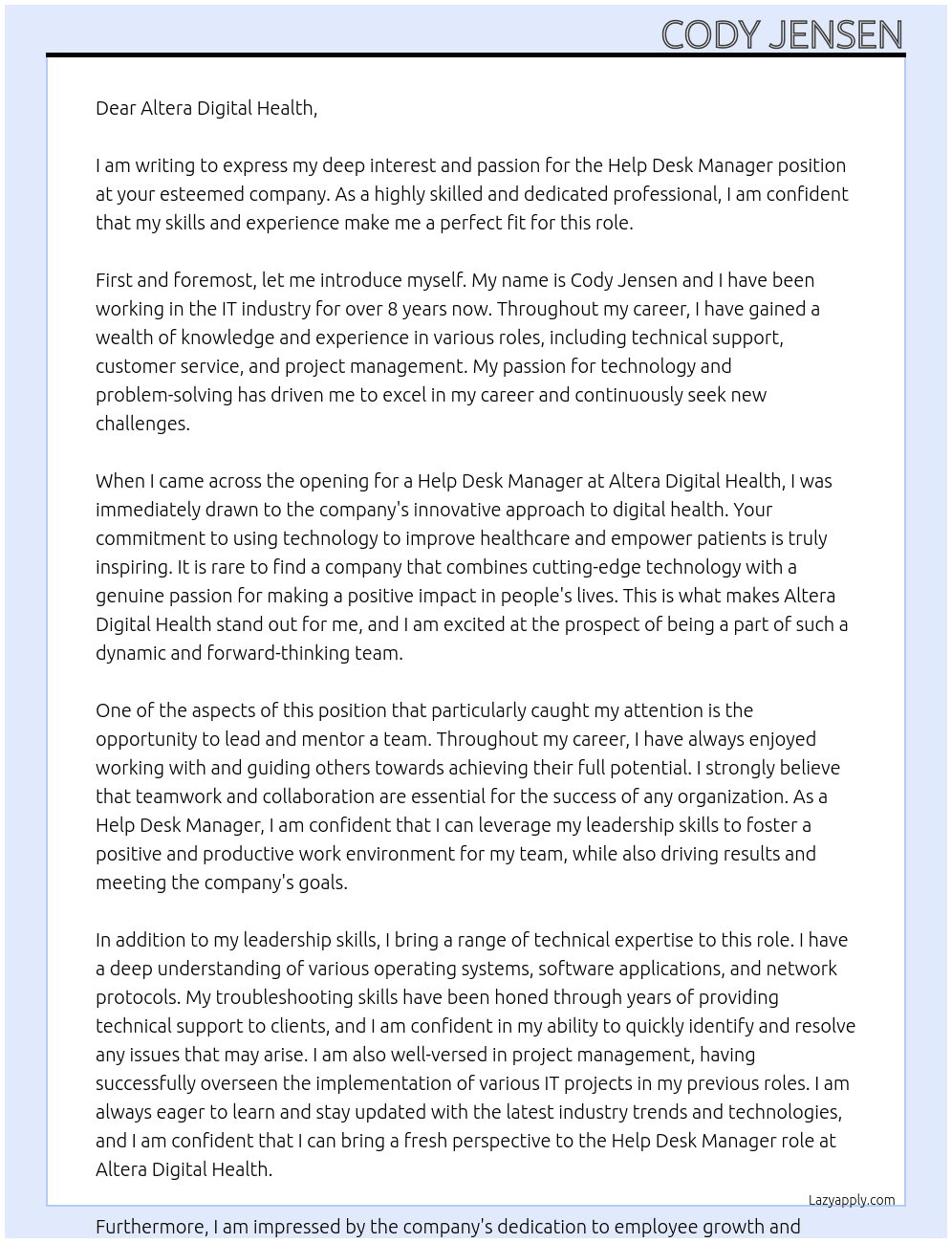 Help Desk Manager At Altera Digital Health Cover Letter