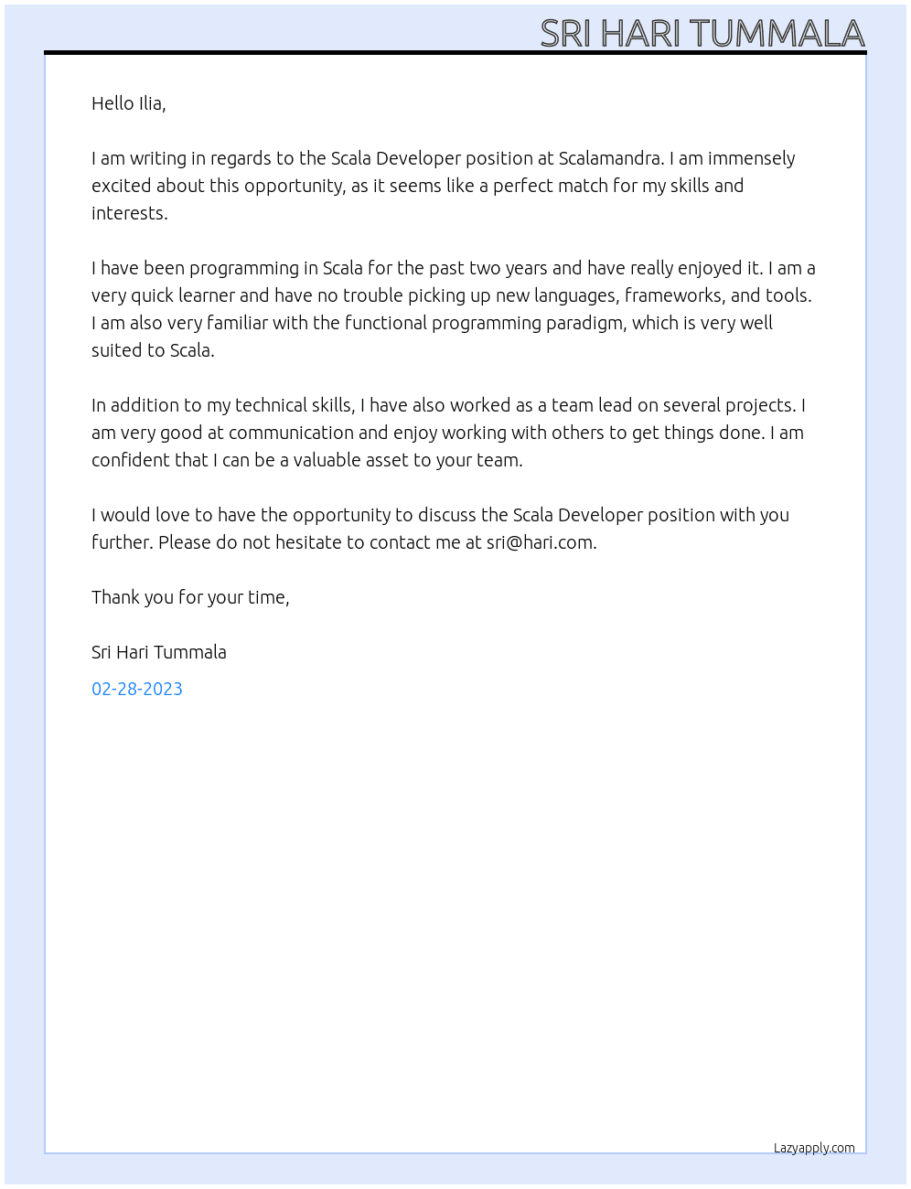Scala Developer At scalamandra Cover Letter