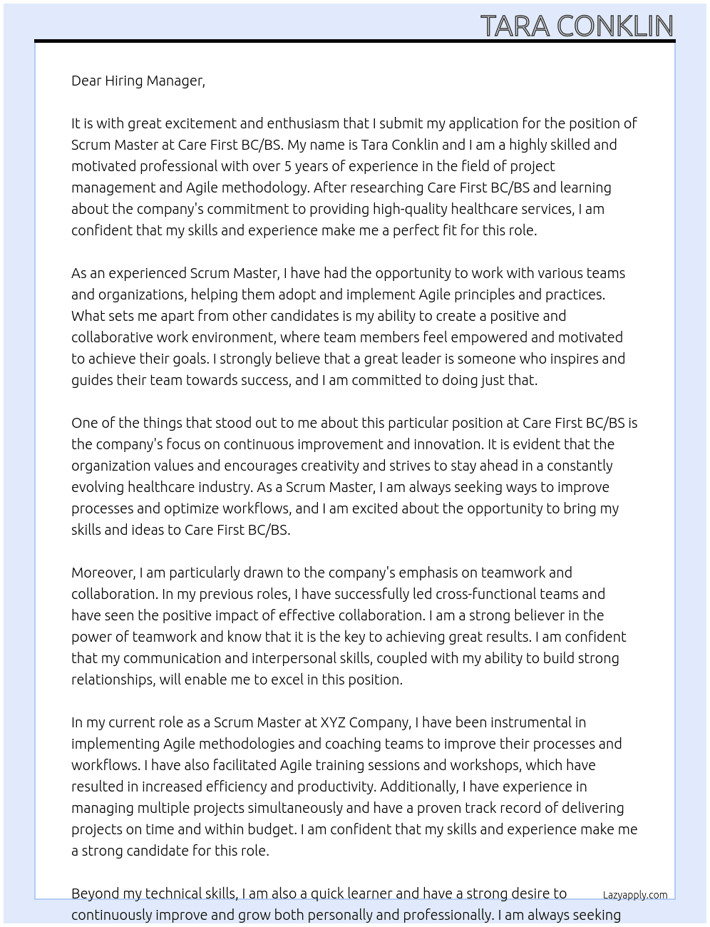 Scrum Master At Care First BC/BS Cover Letter