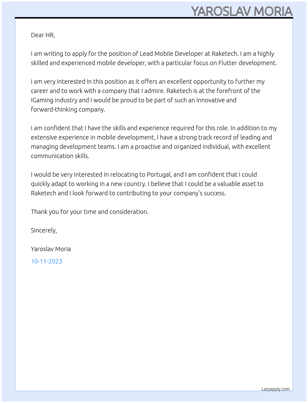 Lead Mobile Developer At Raketech Cover Letter