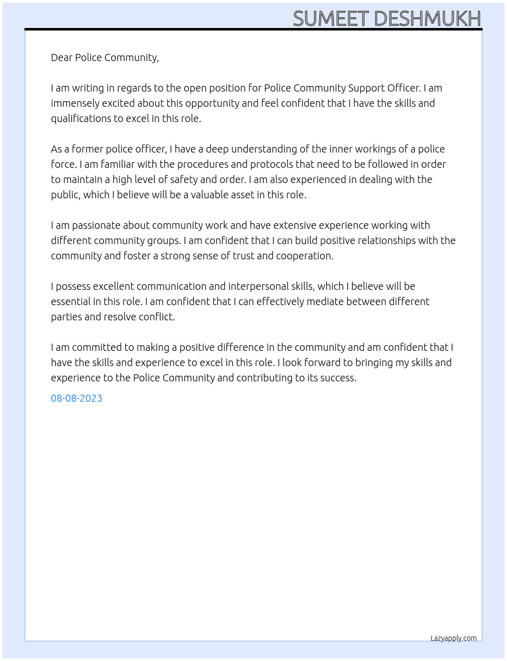 Police Community Support Officer  At Police Community  Cover Letter