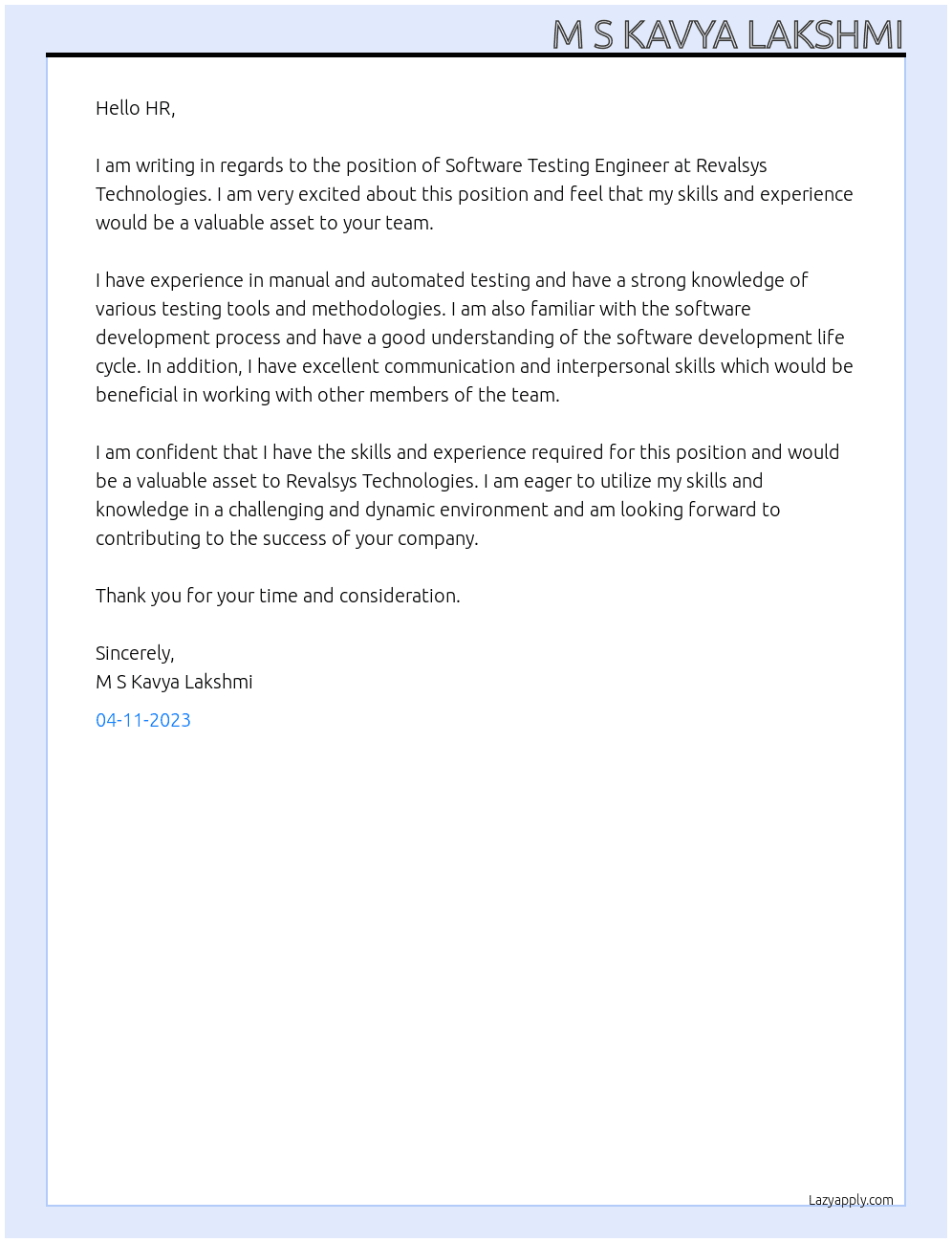 Software Testing Engineer  At Revalsys Technologies  Cover Letter