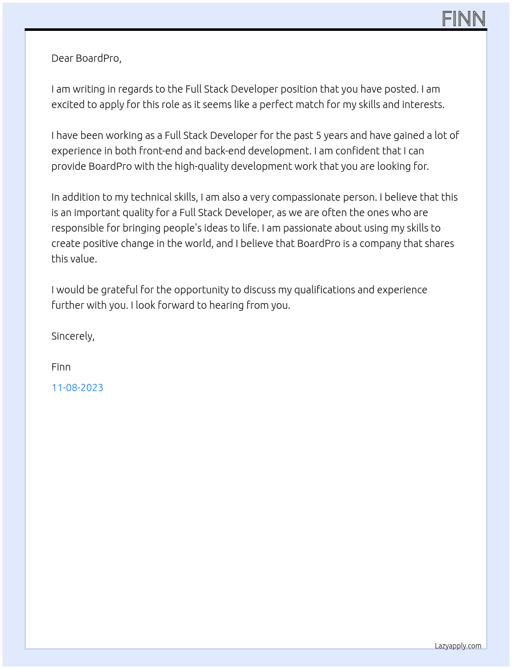 Full Stack Developer At BoardPro Cover Letter