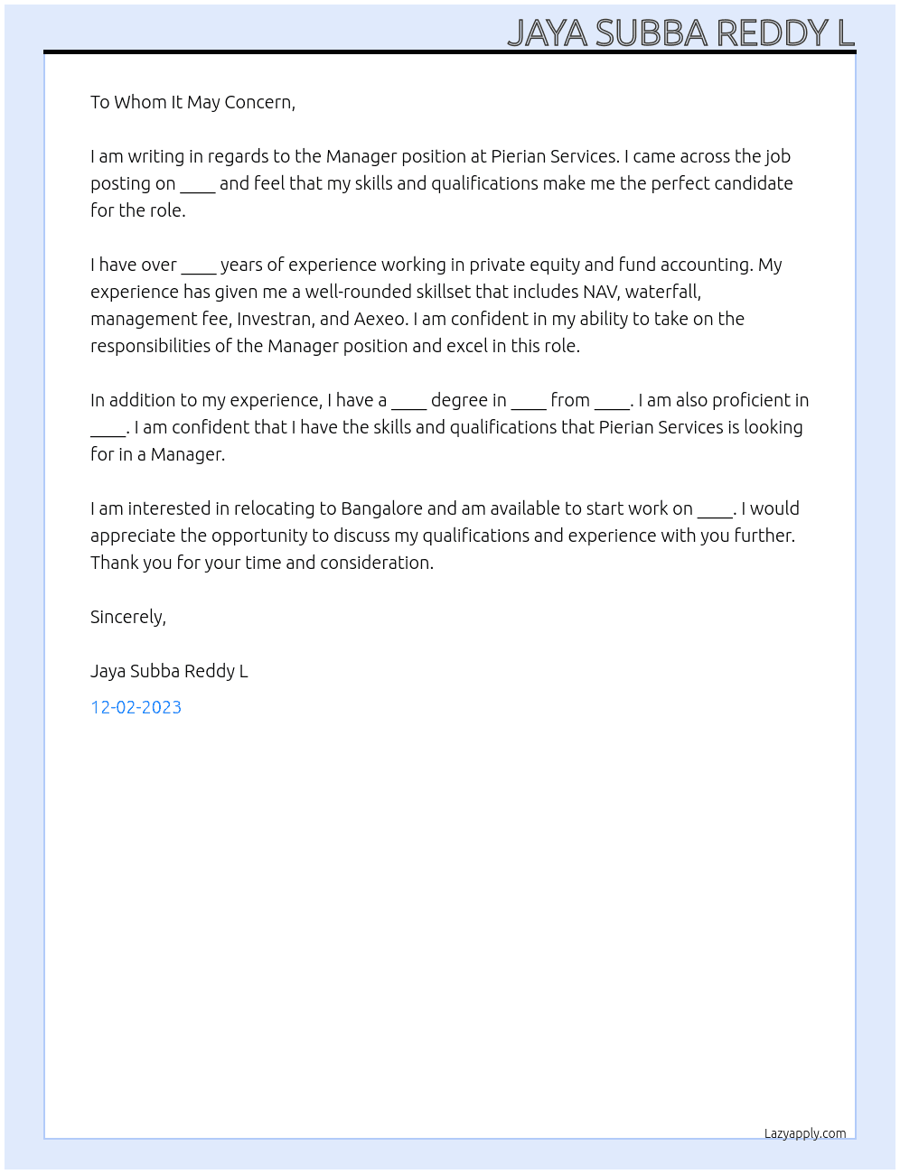 Manager At Pierian Services Cover Letter