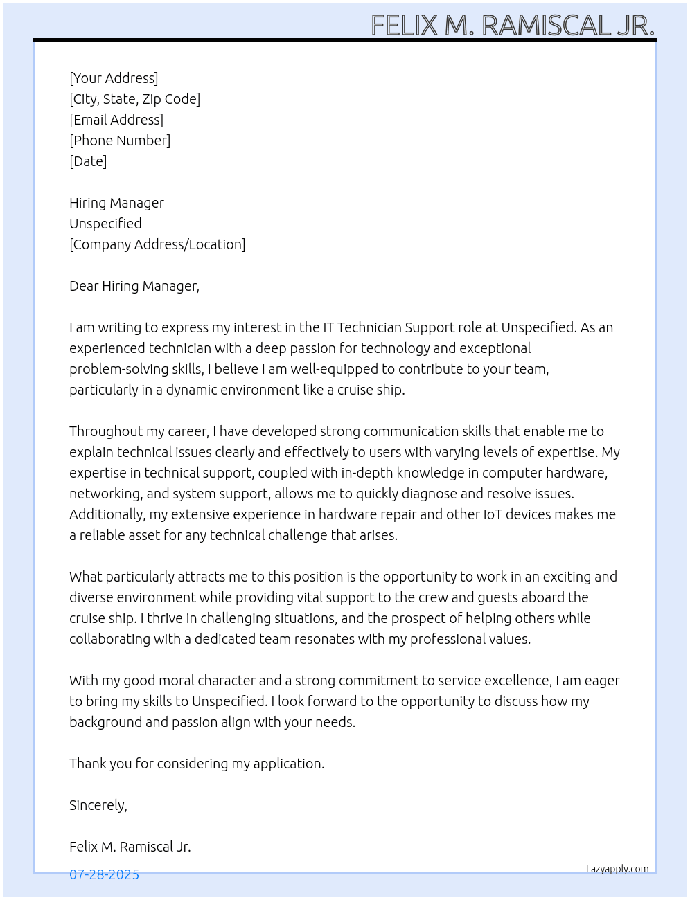 IT Technician support At Unspecified Cover Letter