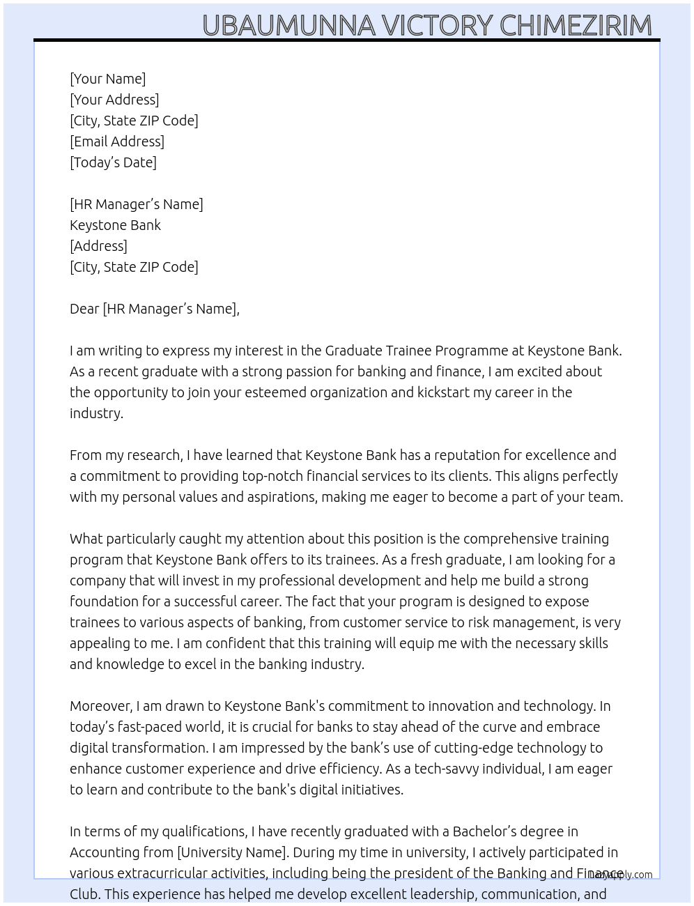 Graduate Trainee Programme At Bank Cover Letter
