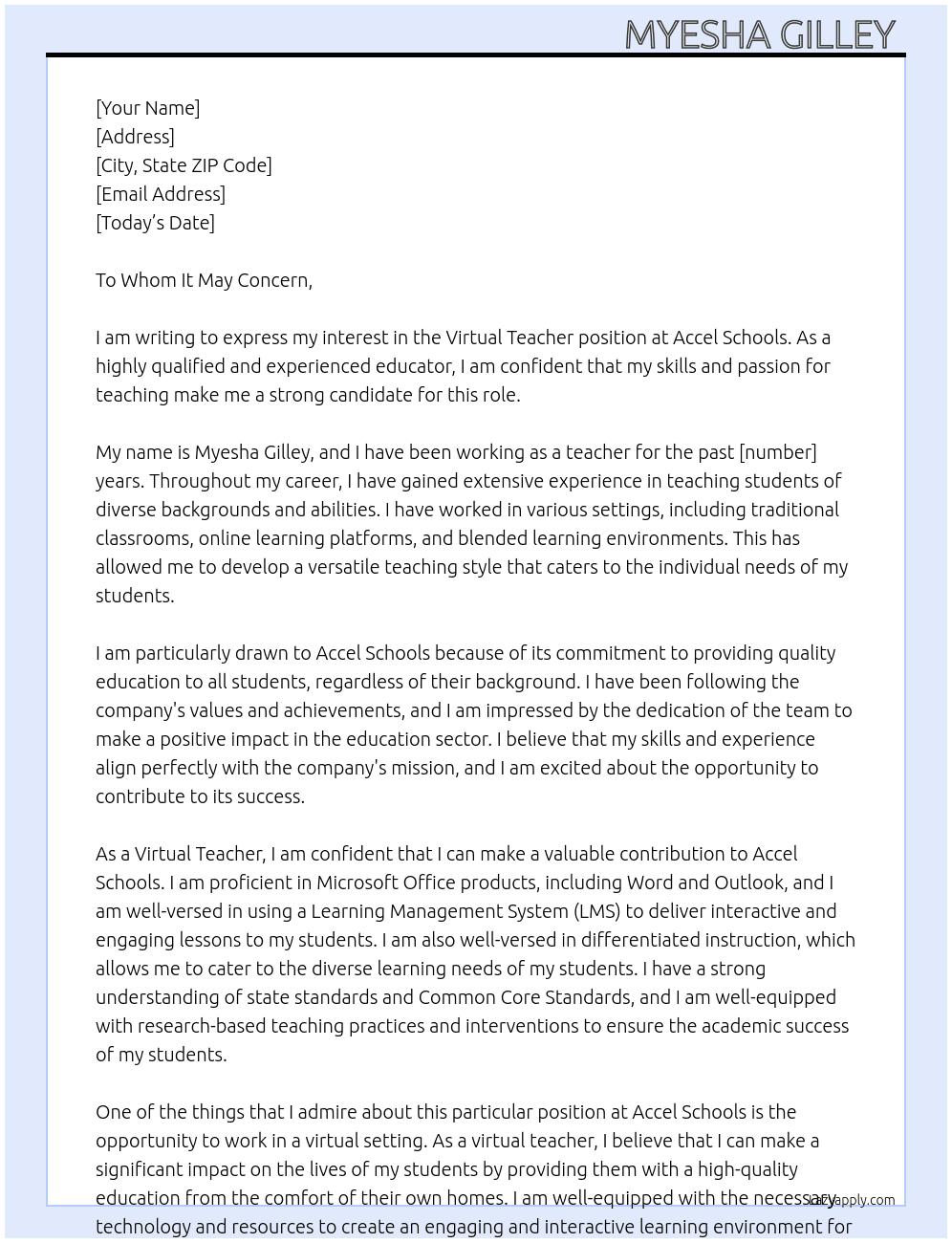 Virtual Teacher At Accel Schools  Cover Letter
