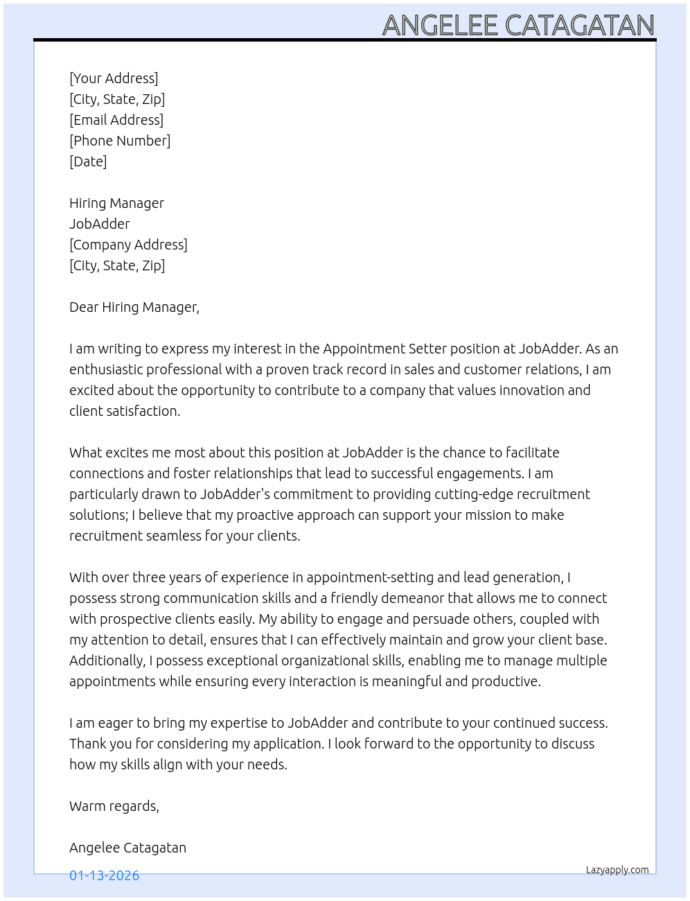 Appointment setter At jobadder Cover Letter