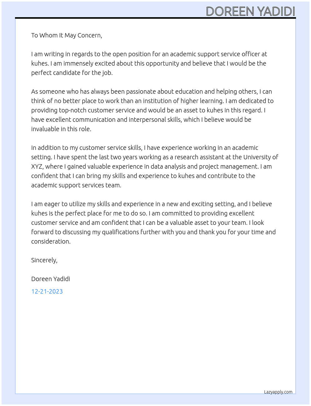 academic support service officer At kuhes Cover Letter