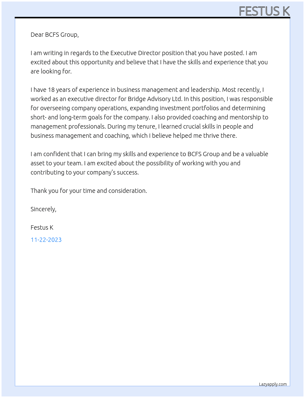 EXECUTIVE DIRECTOR At BCFS GROUP Cover Letter