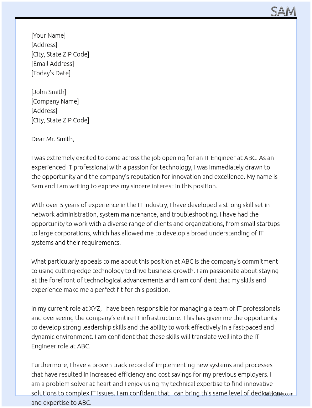 It engineer At Abc Cover Letter