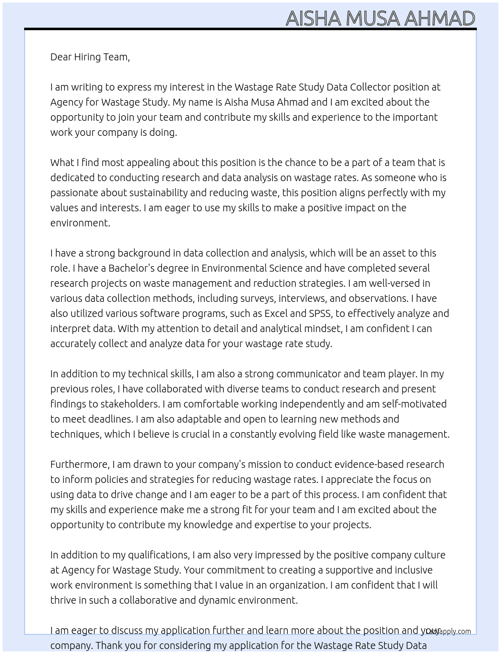 Wastage Rate Study Data Collector At Agency for Wastage Study  Cover Letter