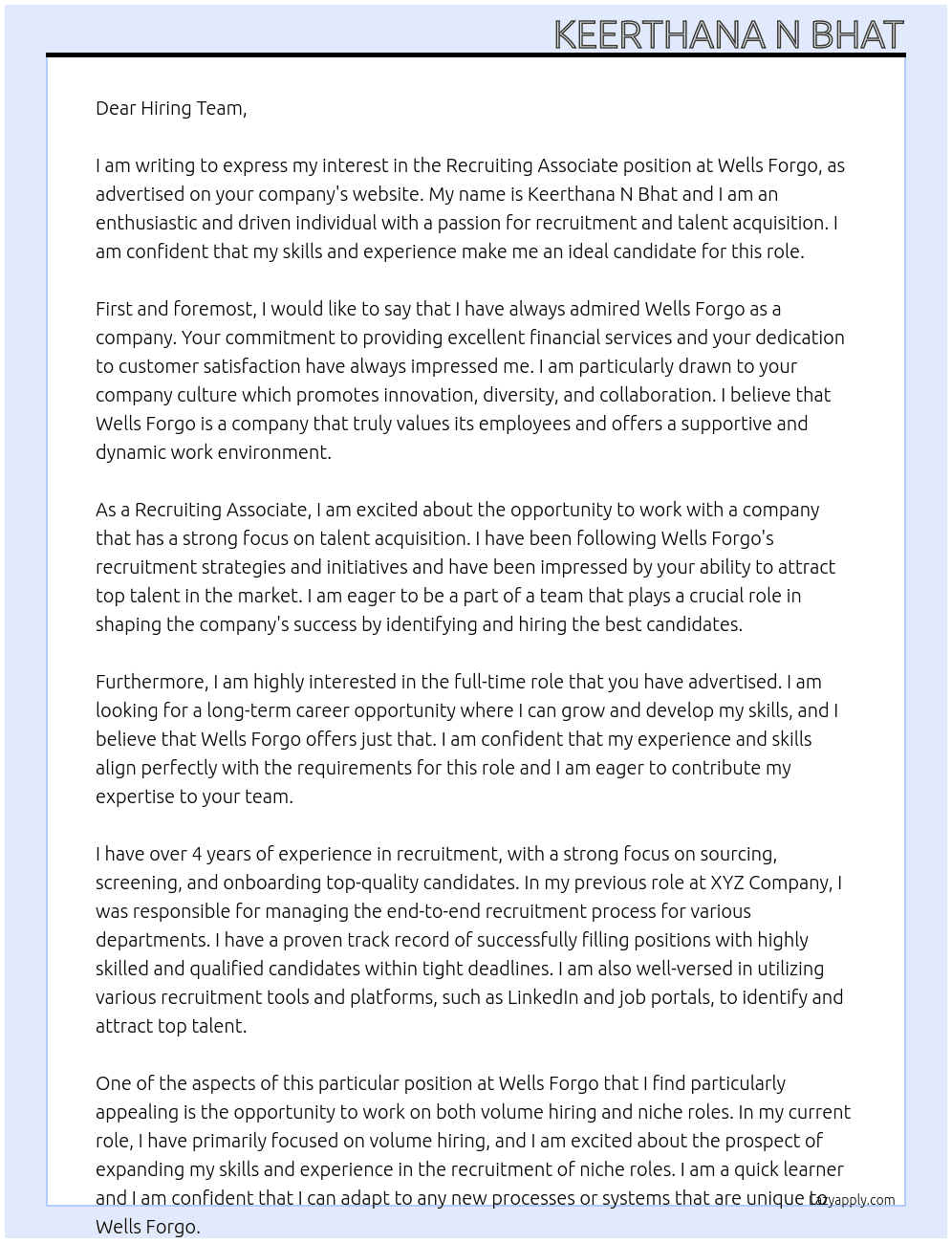 Recruiting Associate At wells Forgo Cover Letter