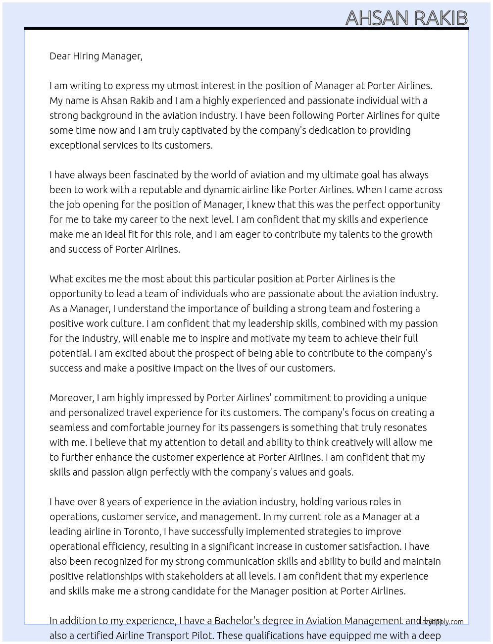 Manager At Porter Airlines Cover Letter
