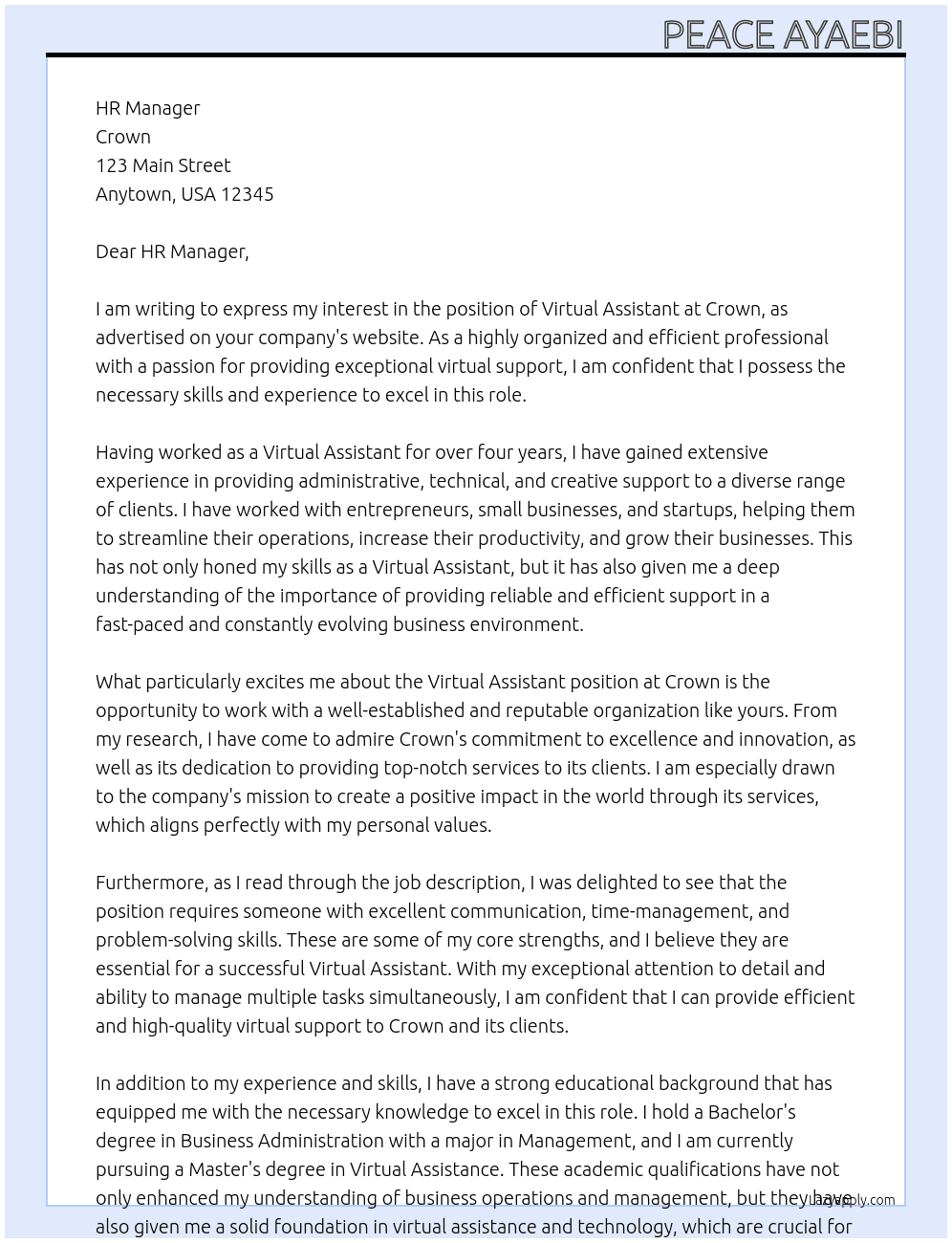 Virtual Assistant  At Crown Cover Letter