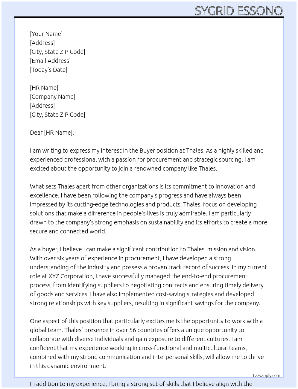 BUYER At Thales Cover Letter