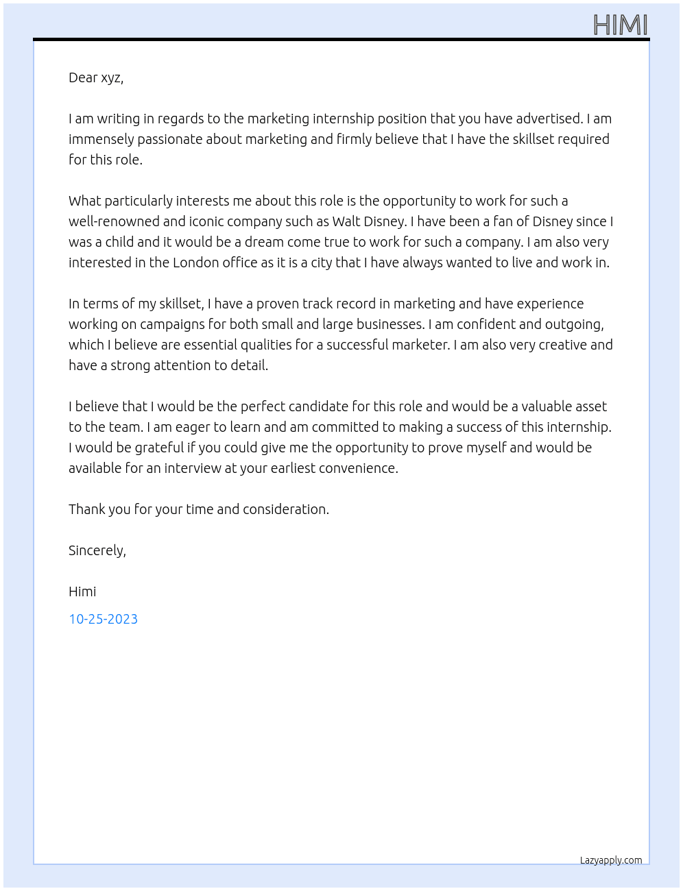 marketing internship At walt disney  Cover Letter