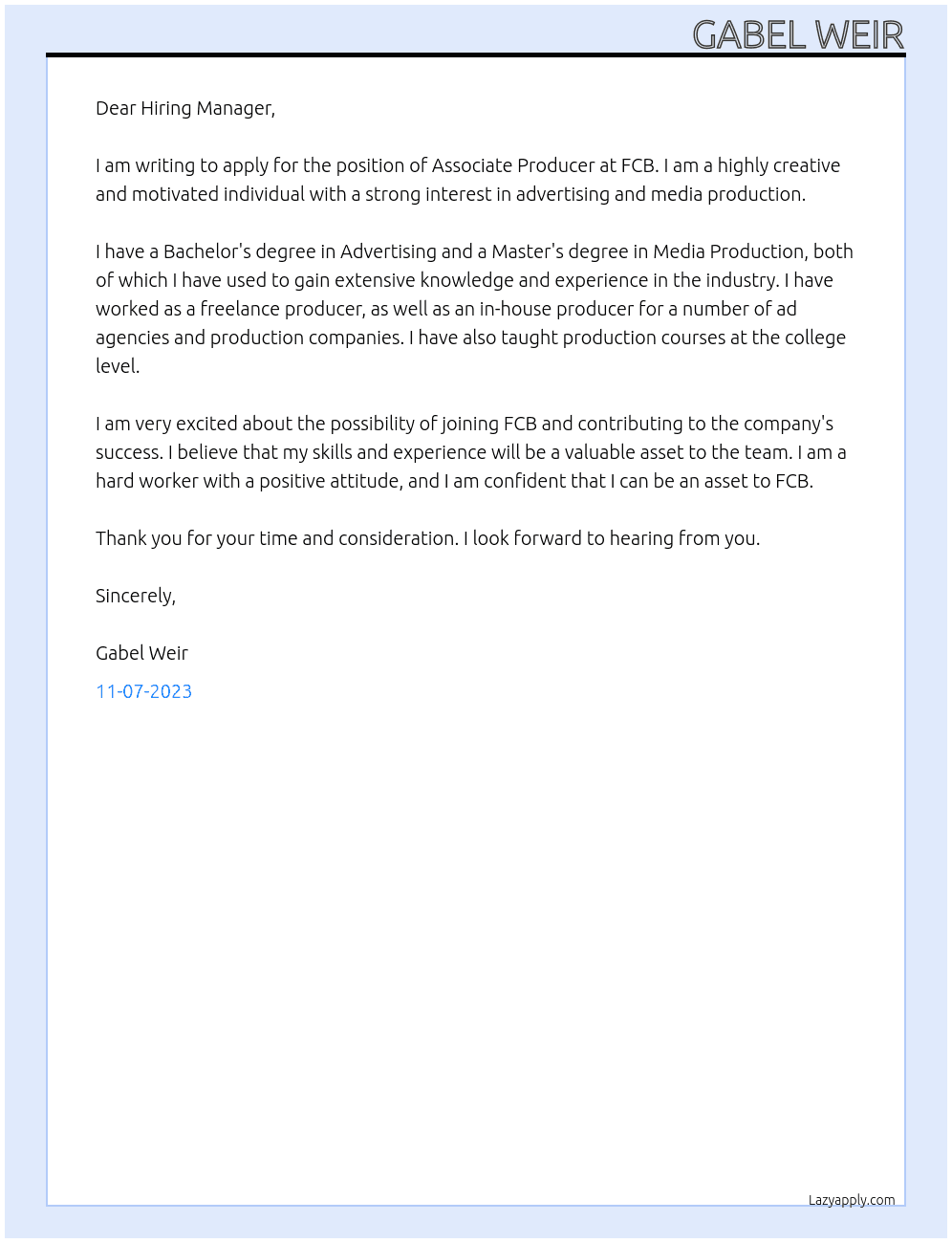 Associate Producer At FCB Cover Letter