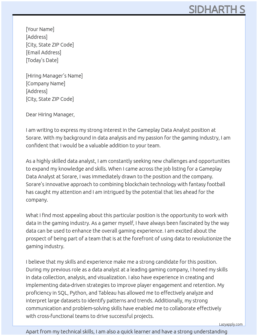 Gameplay data analyst At Sorare Cover Letter